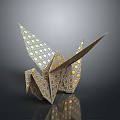 Origami Crane Paper Art With Yellow Circle Patterns On Dark Reflective Surface