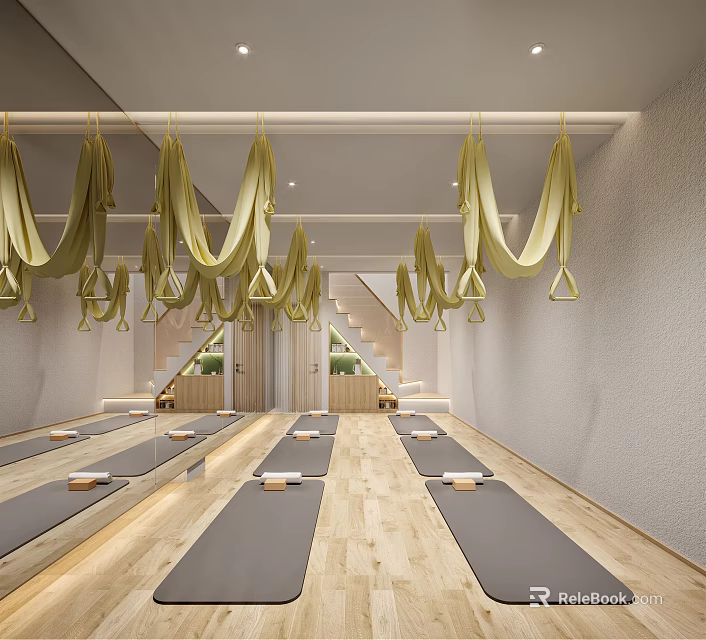 Spacious Yoga Studio Interior With Aerial Yoga Hammocks Yoga Mats And Wooden Floors 3d model 