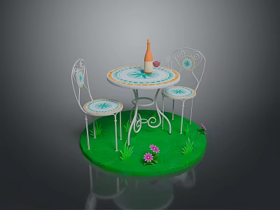 Round White Metal Dining Table With Two Chairs Blue Patterns On Green Grass Pink Flowers 3d model