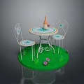 Round White Metal Dining Table With Two Chairs Blue Patterns On Green Grass Pink Flowers
