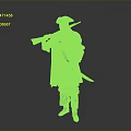 Man in long historical coat with tricorn hat holding musket and sword