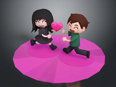 Two Playful Children Girl Holding Pink Heart Boy Laughing on Pink Circular Platform 3d model