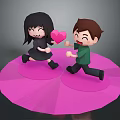 Two Playful Children Girl Holding Pink Heart Boy Laughing on Pink Circular Platform