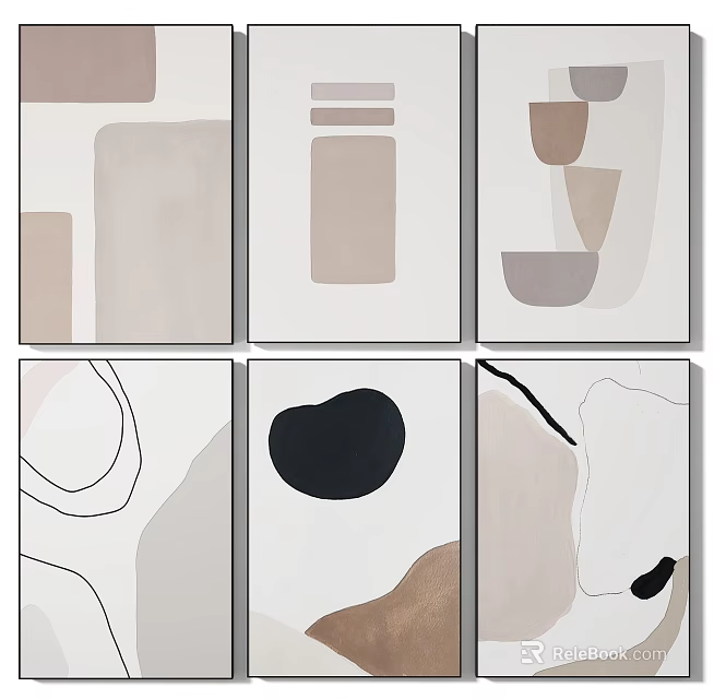 Abstract Wall Art Six Panels Geometric Shapes Neutral Tones Interior Decor 3d model 