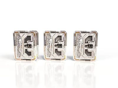 Three Transparent Metallic Cube Components With Intricate Geometric Patterns And Shiny Surfaces 3d model