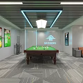 Modern Billiard Room Interior with Green Felt Table Framed Pictures Orange Sofa and Potted Plant