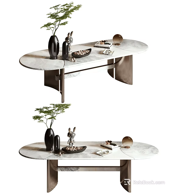 Modern Oval Coffee Table With Marble Top Metal Base And Decorative Items 3d model