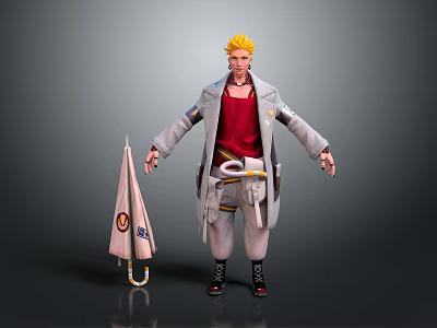 Game Movie Character With Blonde Hair Red Vest Gray Coat And Umbrella 3d model