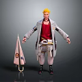 Game Movie Character With Blonde Hair Red Vest Gray Coat And Umbrella