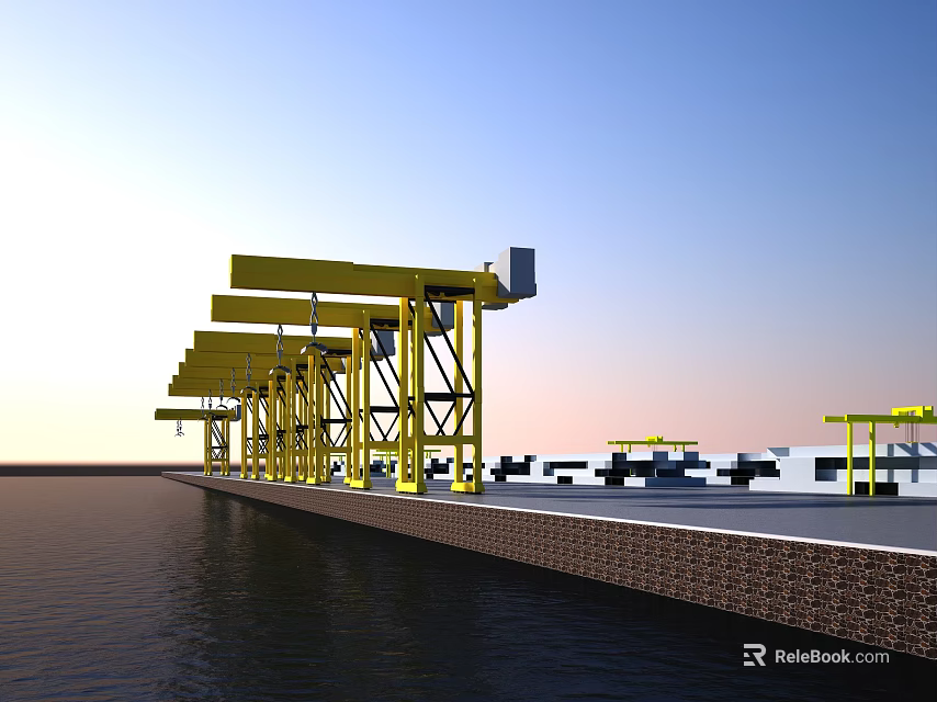 Scenic Waterfront View With Yellow Cranes And Calm Water Under Blue Sky 3d model 