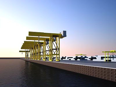 Scenic Waterfront View With Yellow Cranes And Calm Water Under Blue Sky 3d model