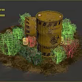 Yellow Radioactive Danger Barrel With Warning Signs On Deserted Ground With Weeds And Stones