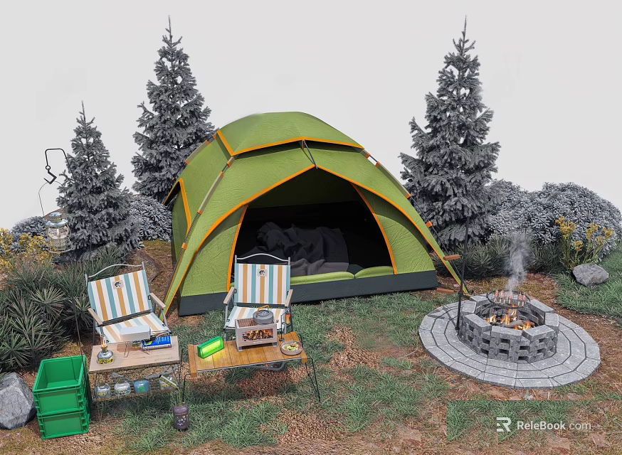 Green Camping Tent Setup With Pine Trees Striped Chairs And Stone Fire Pit 3d model