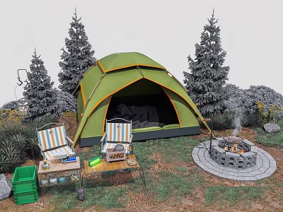 Green Camping Tent Setup With Pine Trees Striped Chairs And Stone Fire Pit 3d model