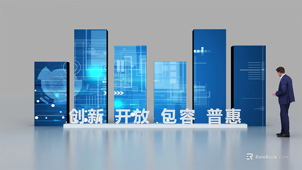 Information Visualization with Blue Bar Charts Featuring Innovation Openness Inclusiveness and Inclusive Growth 3d model 