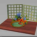 Decorative Wooden Platform Setup With Green Lattice Screen And Floral Water Basin