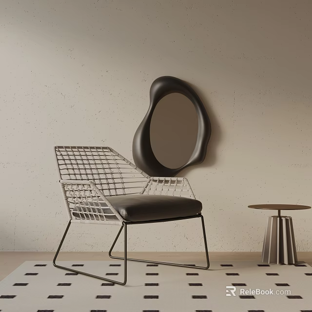 Modern Leisure Chair Metal Mesh Design Black Cushion With Irregular Mirror And Round Side Table 3d model 