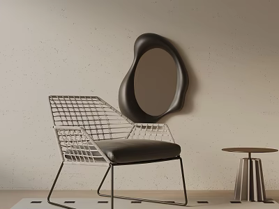 Modern Leisure Chair Metal Mesh Design Black Cushion With Irregular Mirror And Round Side Table 3d model