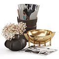 Modern Decorative Ornament Set With Black Vase White Flowers And Gold Metal Accents