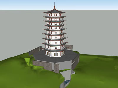 Ancient Chinese Pagoda Multi Story Traditional Architecture Surrounded By Green Grass And Stone Walls 3d model