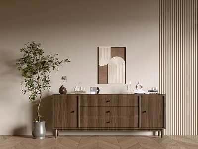 Modern Entryway Console Cabinet With Green Plant Vase Decor And Striped Wall Art 3d model