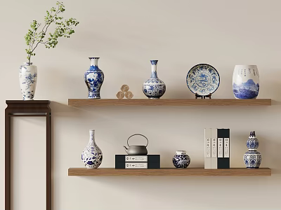 Blue And White Ceramic Wares Display On Wooden Shelves With Decorative Plants And Books 3d model