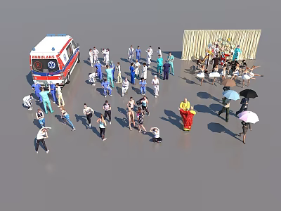 Crowd of People with Ambulance Medical Personnel and Umbrellas in Outdoor Scene 3d model