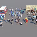 Crowd of People with Ambulance Medical Personnel and Umbrellas in Outdoor Scene