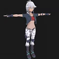 Woman With White Hair Green Eyes Red Top Black Jacket Camouflage Pants Boots Arms Outstretched