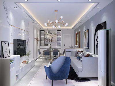 Modern Living Dining Room Interior With Chandelier Sofa Blue Chair Dining Table And Decorative Paintings 3d model