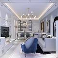 Modern Living Dining Room Interior With Chandelier Sofa Blue Chair Dining Table And Decorative Paintings