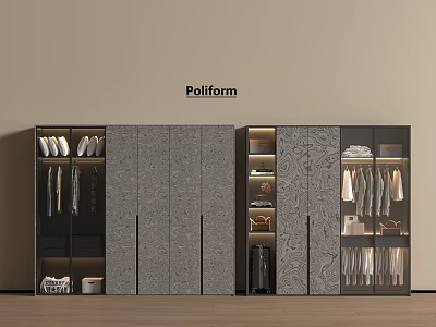 Poliform Modern Combined Wardrobe With Gray Panels Glass Doors And Clothing Storage Areas 3d model