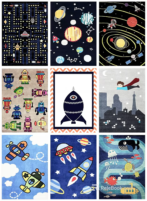 Square Rugs with Colorful Cartoon Patterns Space Robots City and Whale Designs Kid Friendly 3d model 