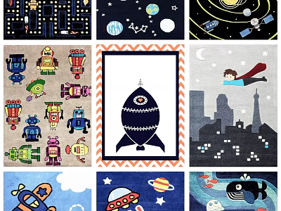 Square Rugs with Colorful Cartoon Patterns Space Robots City and Whale Designs Kid Friendly 3d model