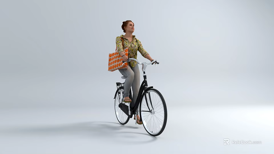 A Woman Riding Bicycle With Orange Shopping Bag And Casual Outfit 3d model 