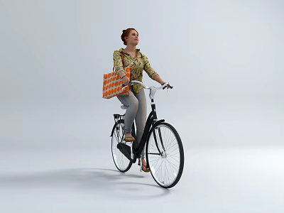 A Woman Riding Bicycle With Orange Shopping Bag And Casual Outfit 3d model