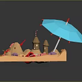 Scenic Beach Scene With Sand Castle Blue Umbrella Small Pond Starfish And Seashells
