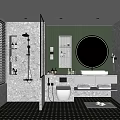 Modern Luxury Bathroom Interior With Round Mirror Marble Countertop And Shower Area