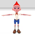 Pinocchio Inspired Doll With Red Pointed Hat White Shirt Blue Shorts And Outstretched Arms
