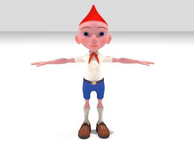Pinocchio Inspired Doll With Red Pointed Hat White Shirt Blue Shorts And Outstretched Arms 3d model