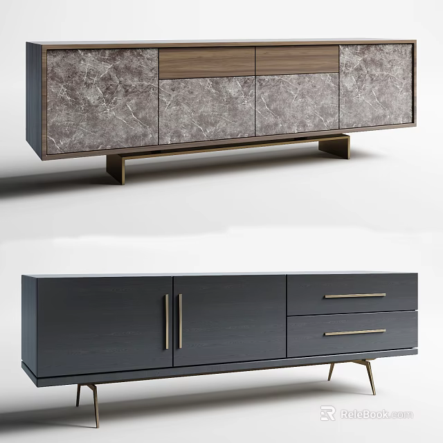 Modern TV Stand With Marble Texture Dark Gray Finish Metal Handles And Legs 3d model 