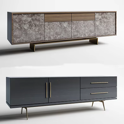 Modern TV Stand With Marble Texture Dark Gray Finish Metal Handles And Legs 3d model