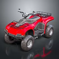Red All Terrain Four Wheeled Motorcycle Featuring Protective Bars And Large Off Road Tires