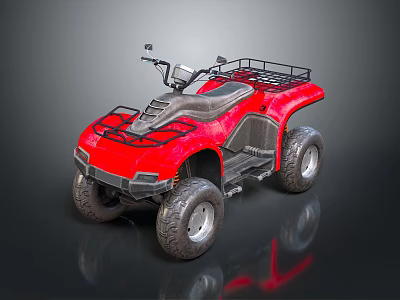 Red All Terrain Four Wheeled Motorcycle Featuring Protective Bars And Large Off Road Tires 3d model