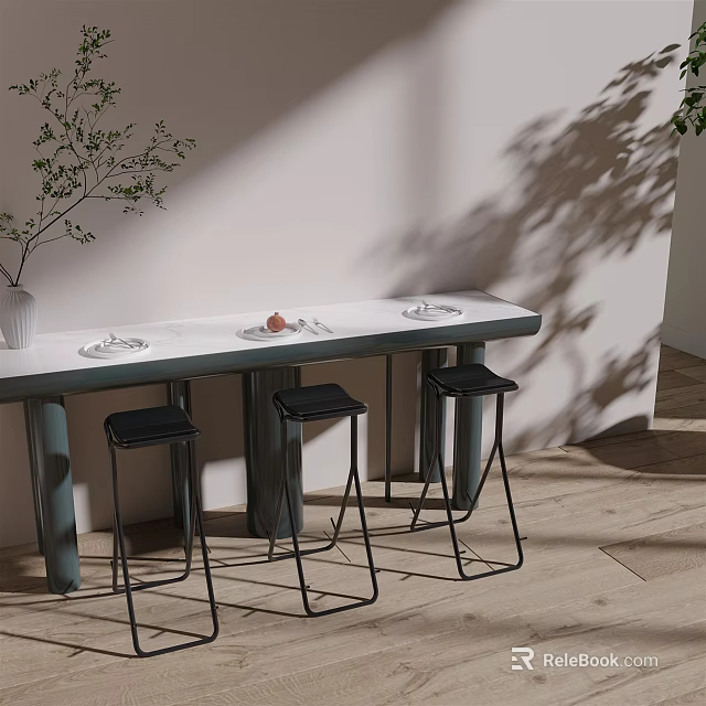 Modern Bar Counter With White Top Three Black Stools And Green Plant On Wooden Floor 3d model 