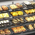 Black Commercial Display Case With Curved Glass Door Multiple Shelves For Pastries And Bread