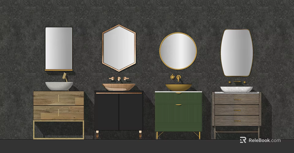 Different Design Bathroom Vanities With Hexagonal Round Oval Mirrors And Colored Cabinets 3d model