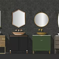 Different Design Bathroom Vanities With Hexagonal Round Oval Mirrors And Colored Cabinets 3d model