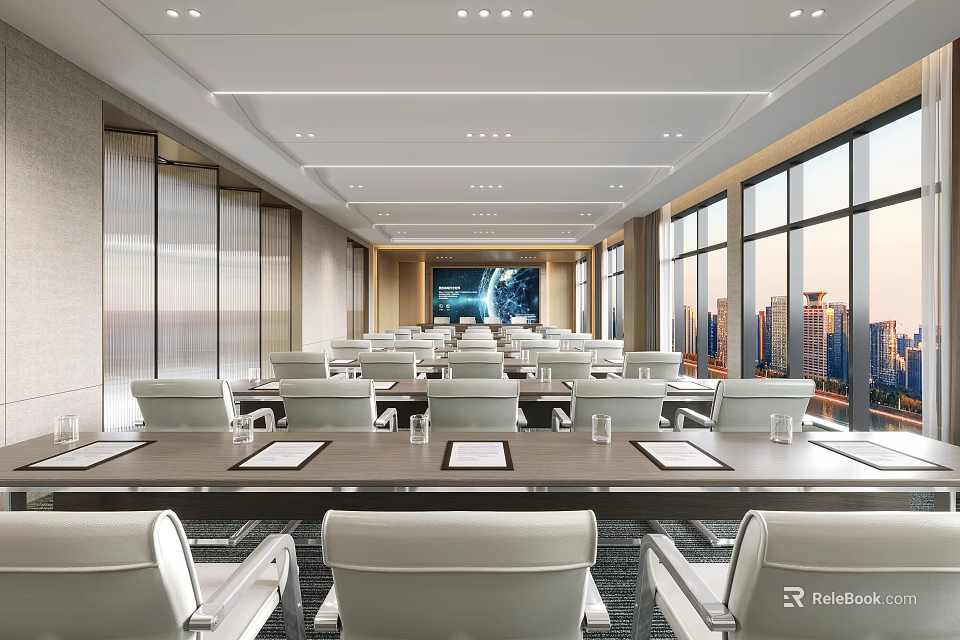 Modern Conference Room Interior With Long Table White Chairs Large Screen And City View 3d model 