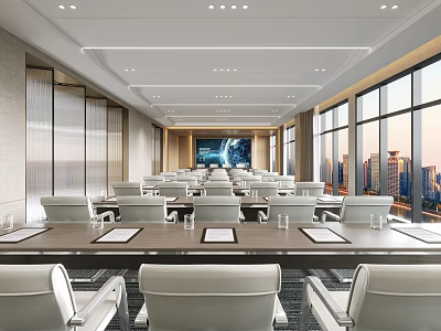 Modern Conference Room Interior With Long Table White Chairs Large Screen And City View 3d model
